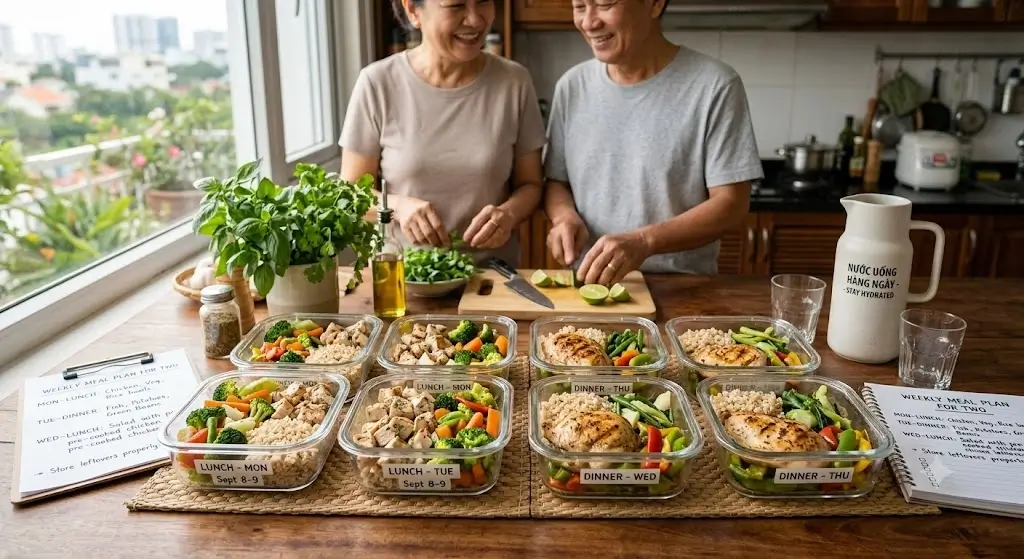Glass food storage containers with pre-cooked chicken breast, brown rice, and steamed vegetables for two people