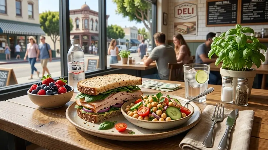 Nutritious lunch featuring a turkey and spinach sandwich on whole grain bread beside a chickpea salad and fresh berries
