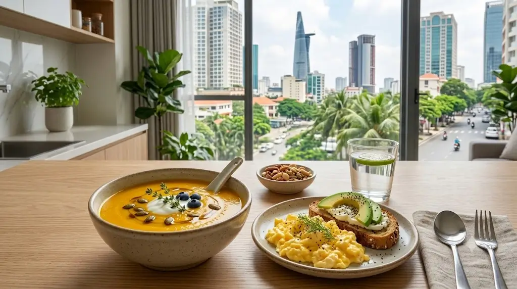 Warm bowl of puréed butternut squash soup beside soft scrambled eggs in a cozy dining setting