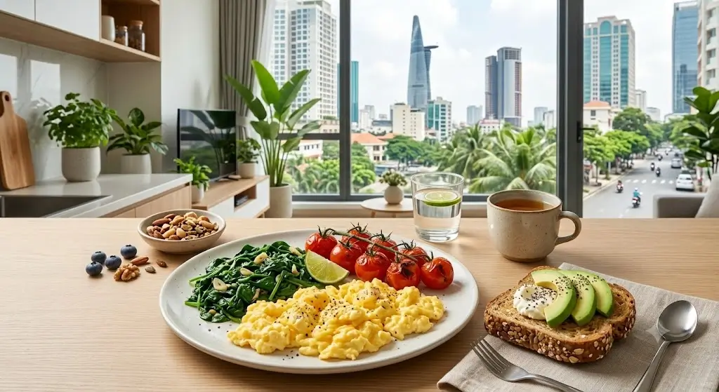 High-protein breakfast with scrambled eggs, sauteed baby spinach, roasted cherry tomatoes, and whole grain toast