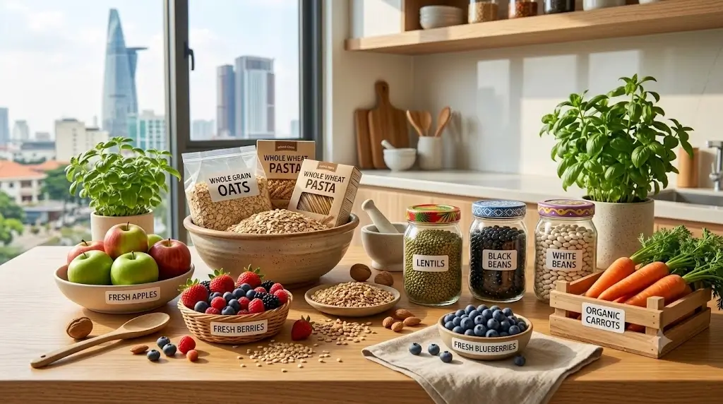 Colorful kitchen counter spread featuring whole grains, fresh apples, berries, carrots, and dry legumes