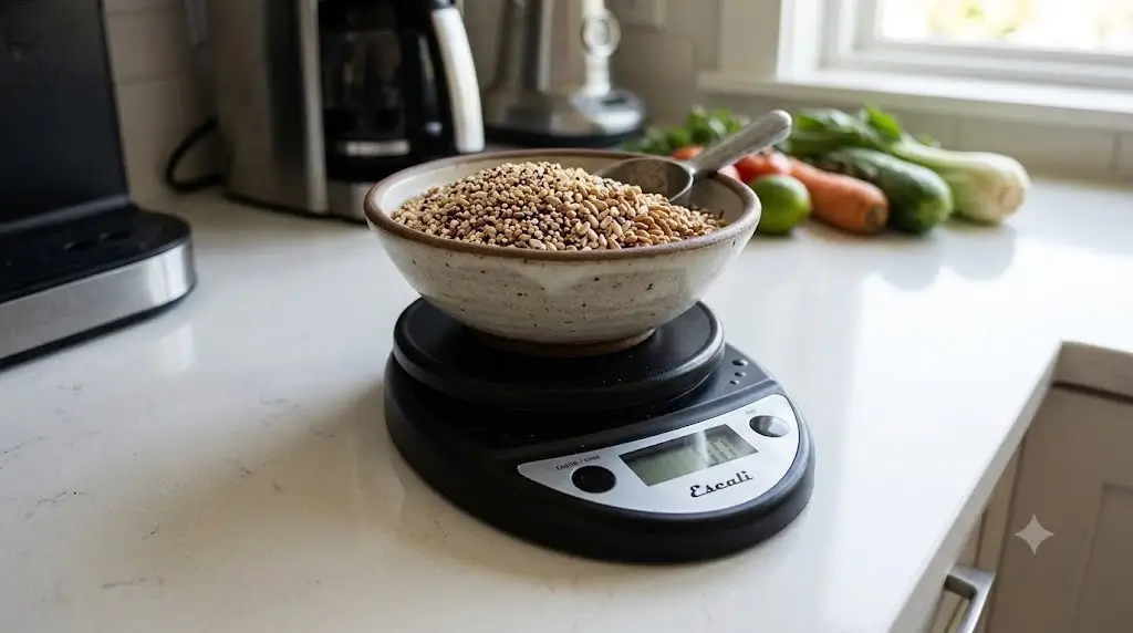 Escali Primo digital food scale on a clean kitchen counter weighing a bowl of whole grains
