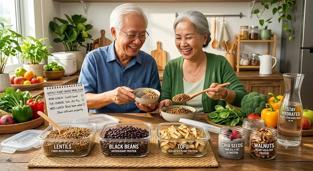 Nutrient-dense plant-based protein sources including lentils, black beans, tofu, chia seeds, and walnuts