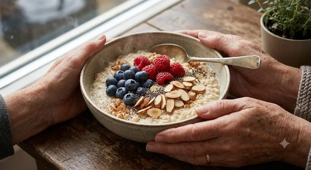 Warm bowl of rolled oatmeal topped with fresh blueberries, raspberries, sliced almonds, and chia seeds for seniors