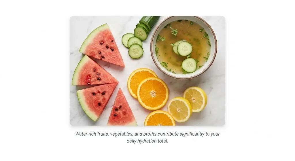 Selection of hydrating foods including melons, citrus fruits, cucumbers, and vegetables