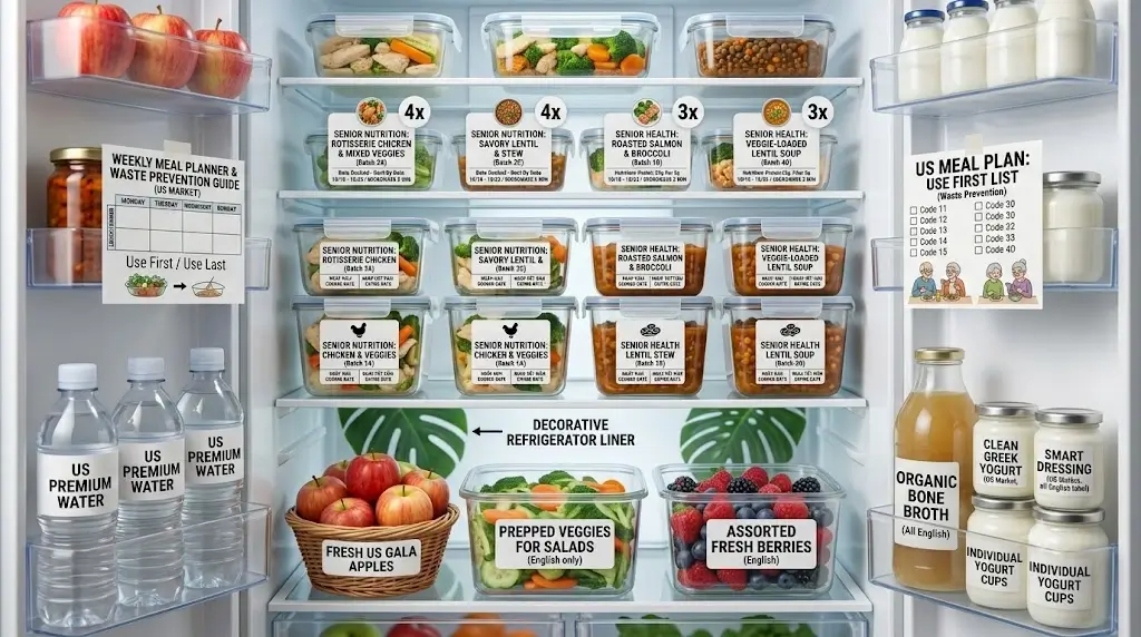 Batch-cooked healthy meals divided into glass containers in a refrigerator to prevent food waste for older adults