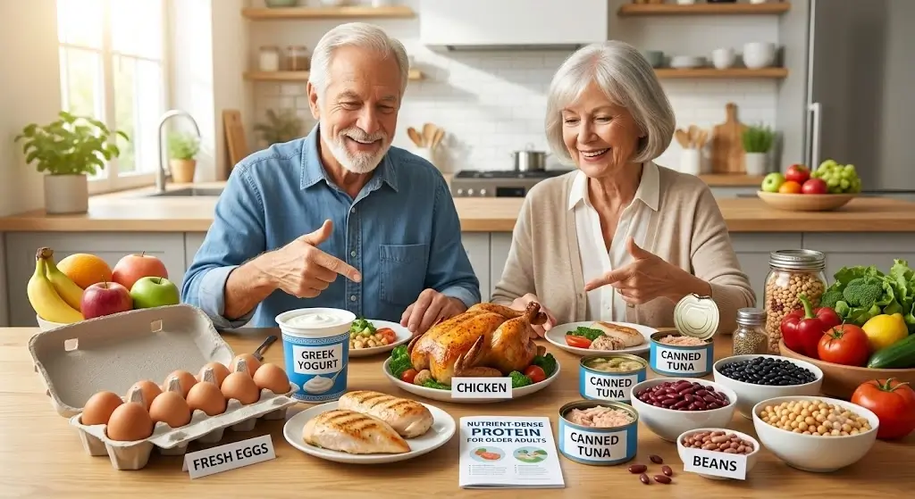 Nutrient-dense everyday protein food sources for older adults including eggs, Greek yogurt, chicken, canned tuna, and beans on a bright kitchen table