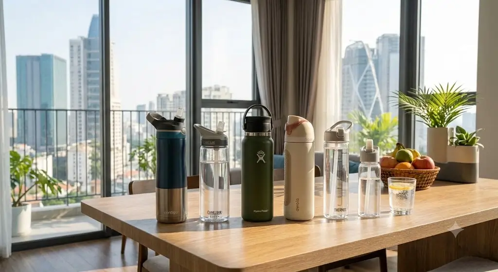 Variety of ergonomic lightweight water bottles with push-button and straw lids on a sunny kitchen table