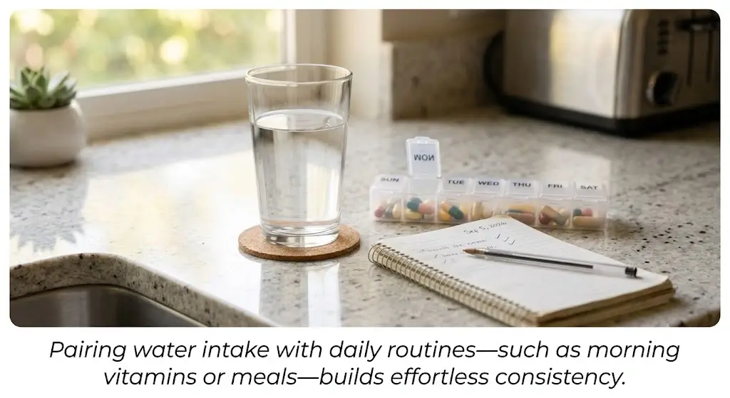 Daily hydration routine setup with water glass and reminders for older adults