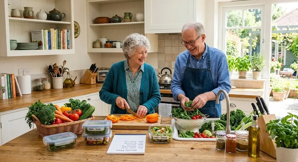 Senior couple preparing fresh vegetables together in a bright kitchen for a weekly meal plan