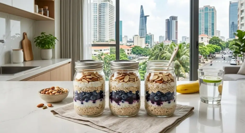 Prepared glass jars of overnight oats with Greek yogurt, blueberries, and sliced almonds on a clean counter