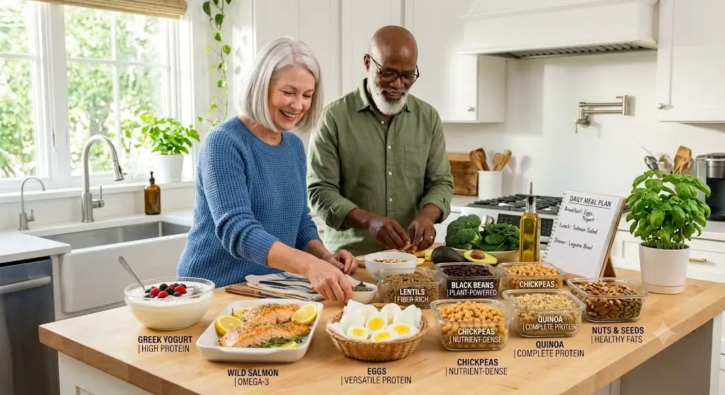 Selection of high protein foods for adults over 50 including salmon, eggs, Greek yogurt, and legumes on a bright kitchen counter