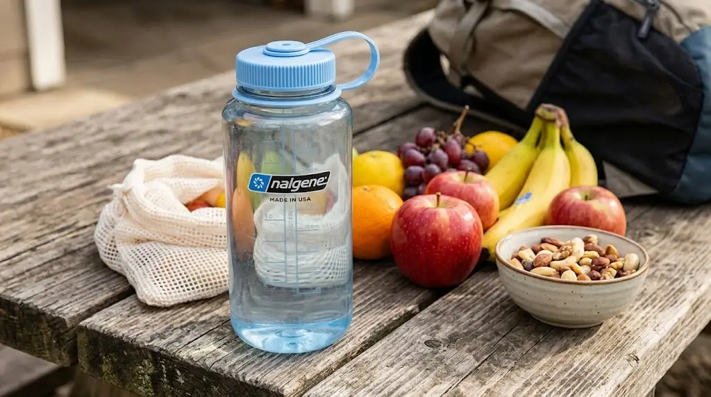 Lightweight durable Nalgene water bottle beside fresh fruits and nuts on a wooden table