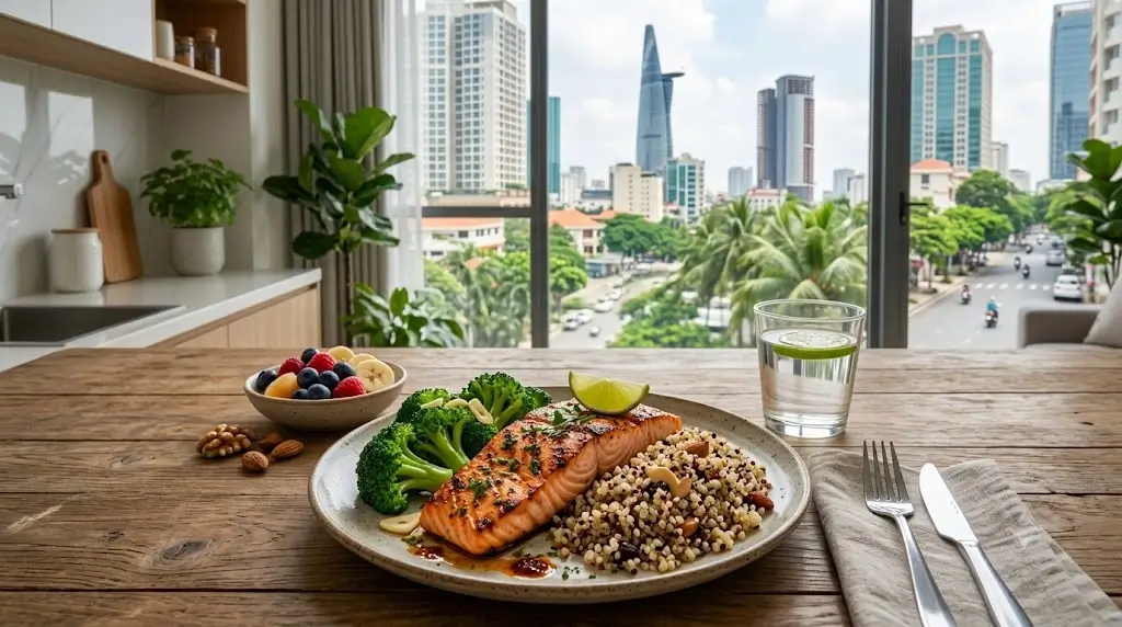 Balanced nutrient-dense meal featuring grilled wild salmon, steamed broccoli, and quinoa on a kitchen table