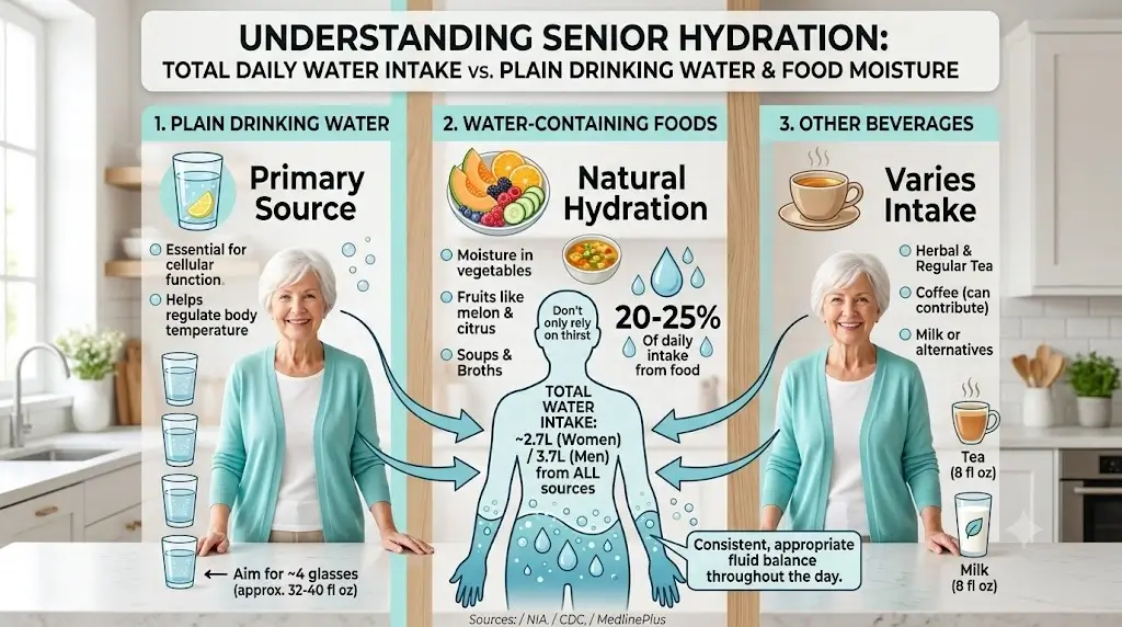 Infographic breakdown distinguishing total daily water intake from plain drinking water and food moisture for seniors
