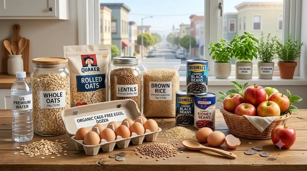 Affordable healthy grocery staples including dry lentils, canned beans, brown rice, whole oats, eggs, and fresh seasonal apples on a wooden counter