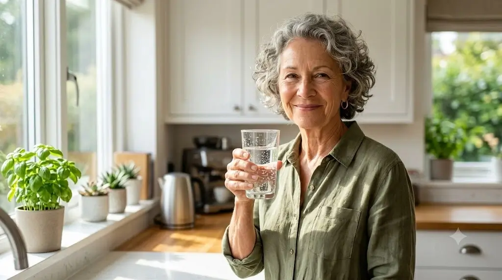 Senior adult drinking a glass of water to maintain hydration balance