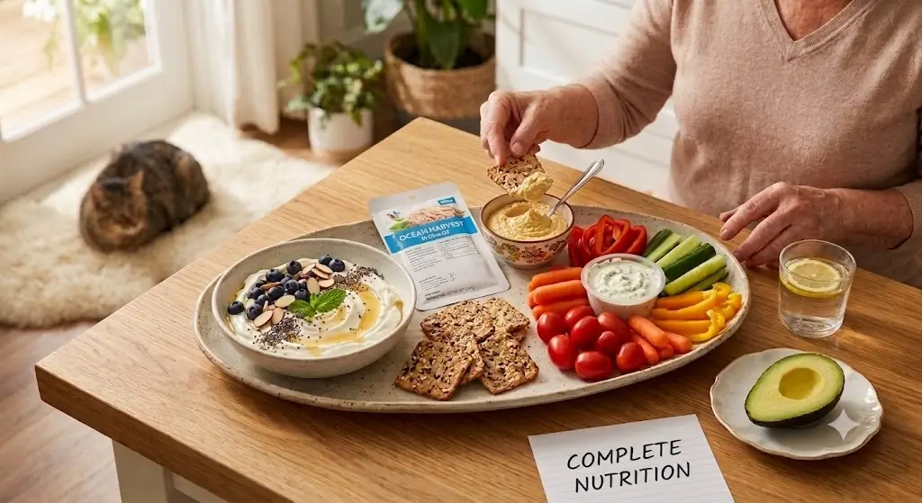 Assortment of no-cook healthy lunch ideas for older adults with Greek yogurt bowl, whole-grain crackers, tuna packet, and fresh vegetables