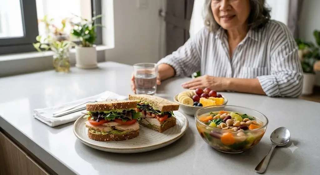 Nutritious and balanced lunch spread for older adults featuring chicken whole-grain sandwich, vegetable soup, and fresh fruit on a bright kitchen counter