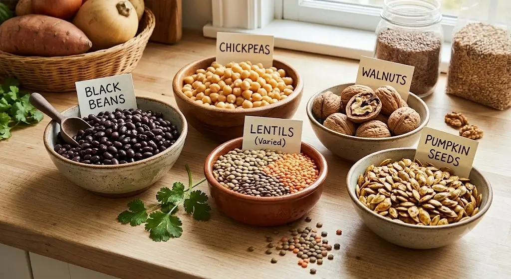 Array of plant-based protein and fiber foods including black beans, chickpeas, lentils, walnuts, and pumpkin seeds