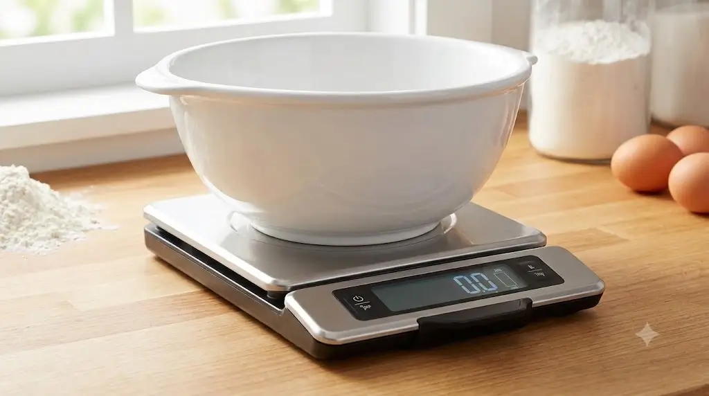 OXO Good Grips food scale with extended pull-out display clearly visible beneath a wide ceramic mixing bowl