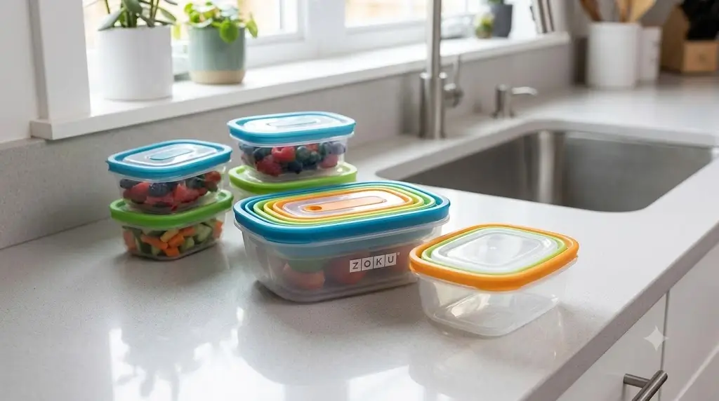 Zoku Neat Stack nested food prep containers on a clean modern kitchen countertop