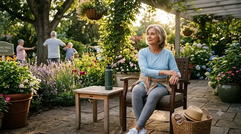 Active senior adult sitting outdoors with a hydration bottle nearby, representing thirst awareness in older age