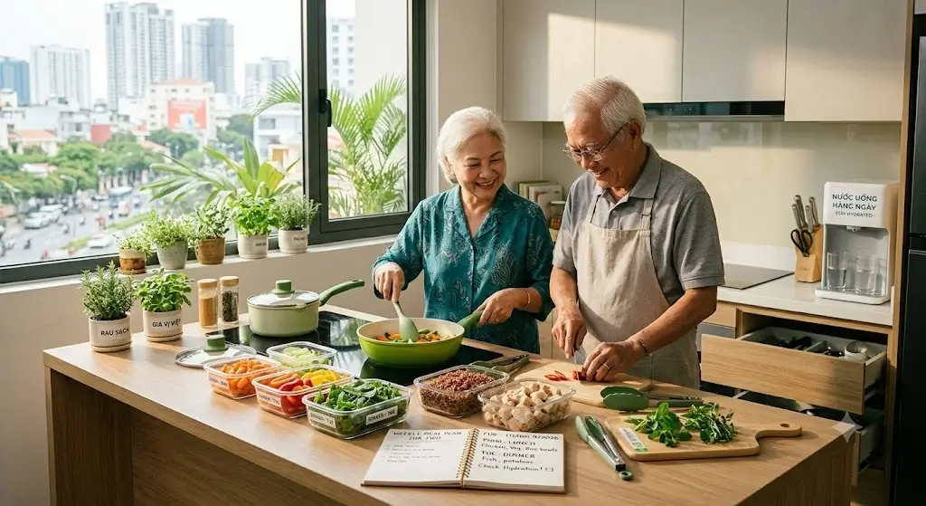 Senior kitchen setup with ergonomic lightweight cookware and pre-chopped ingredients for easy meal preparation