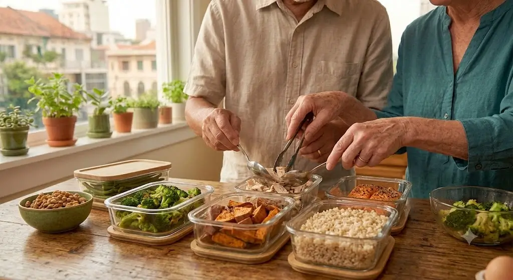Senior hands portioning cooked chicken breast, roasted vegetables, and brown rice into glass meal prep containers