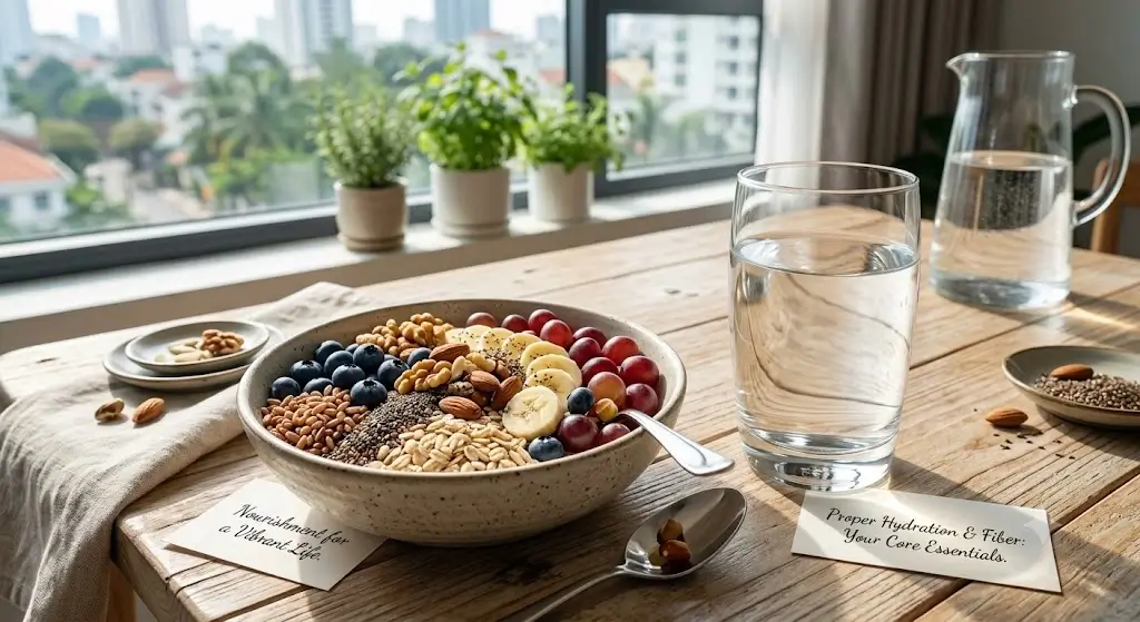 Fresh clear glass of water next to high fiber bowl of fresh fruits, nuts, and whole grains emphasizing proper hydration