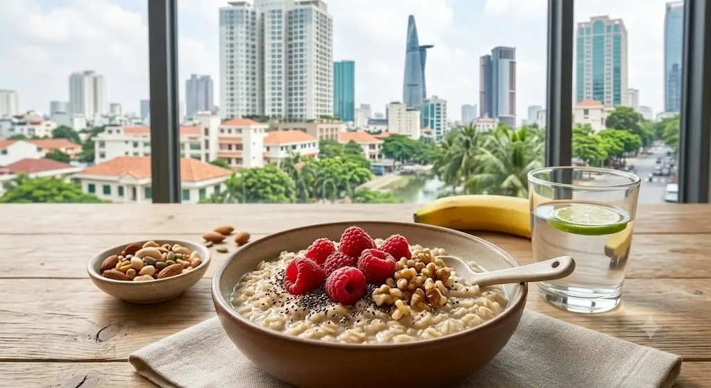 Bowl of warm rolled oats topped with fresh raspberries, chia seeds, and chopped walnuts beside a glass of water