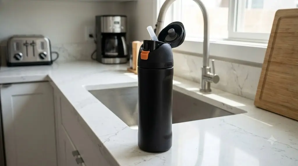 Owala FreeSip insulated stainless steel water bottle with push-button lid open on a kitchen counter