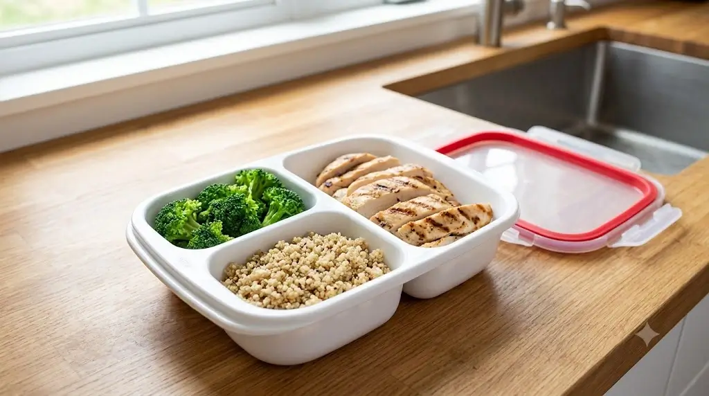 OXO Prep and Go divided lunch container with three compartments containing balanced portions of chicken, broccoli, and quinoa