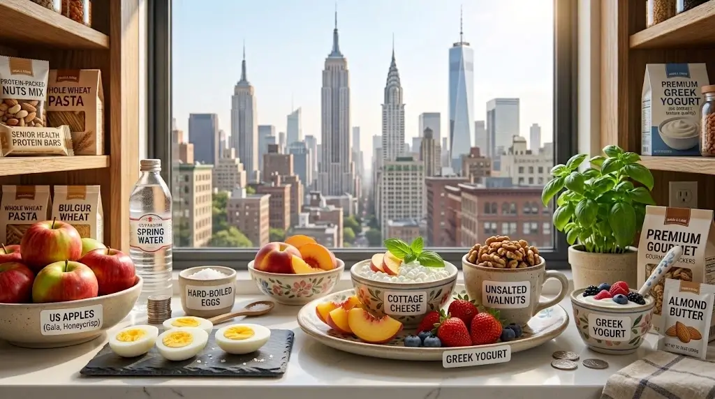 Arrangement of easy high-protein senior snacks including cottage cheese with sliced peaches, hard-boiled eggs, and Greek yogurt