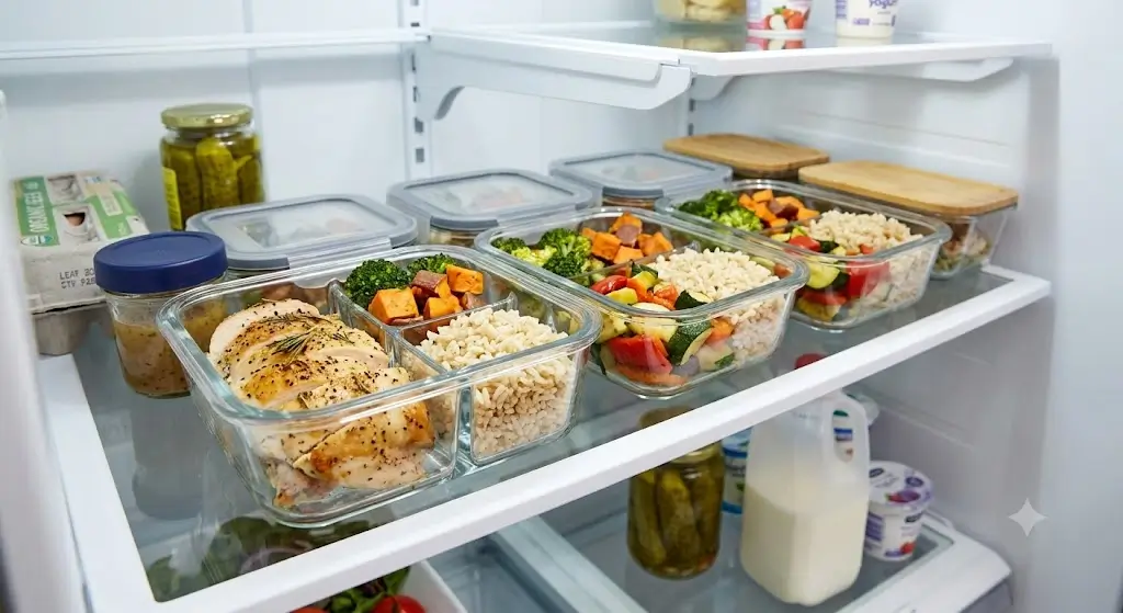 Portioned dinner leftovers of roasted chicken, brown rice, and vegetables in glass meal prep containers in a clean refrigerator