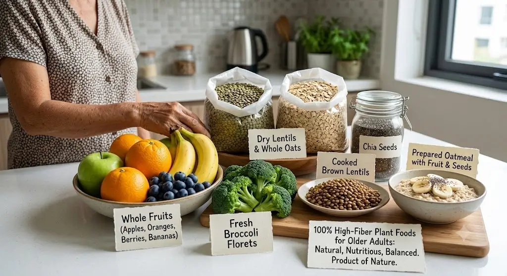 High fiber plant food sources for older adults including lentils, oats, whole fruits, broccoli, and chia seeds on a kitchen counter