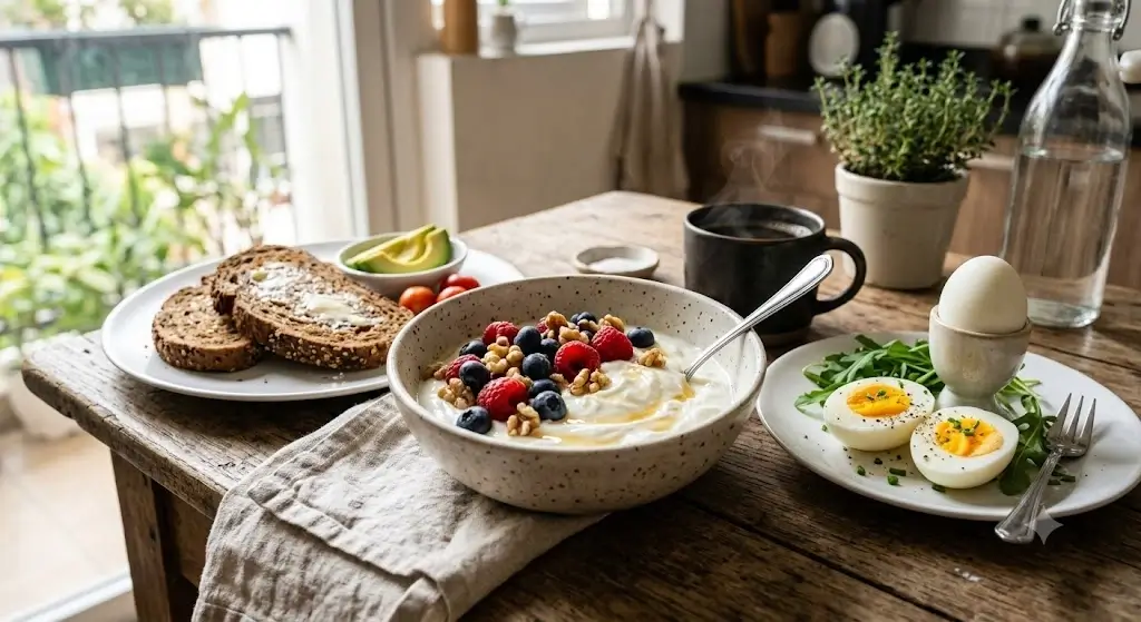High-protein breakfast spread featuring a bowl of plain Greek yogurt with berries and walnuts alongside hard-boiled eggs and whole-grain toast