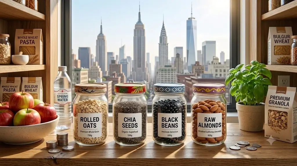 Glass storage jars filled with rolled oats, chia seeds, black beans, and raw almonds arranged neatly in a kitchen pantry