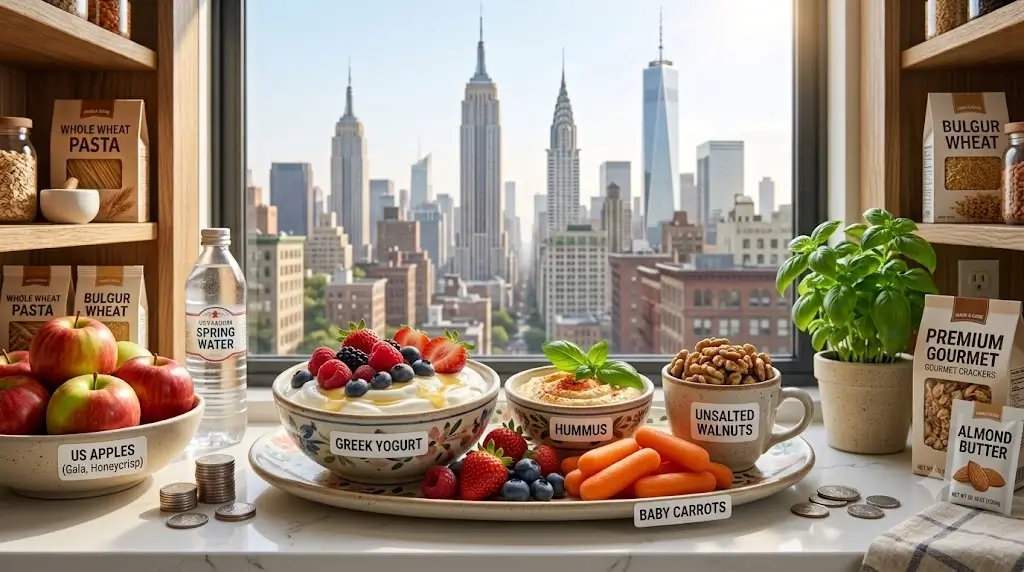 Fresh nutrient-dense snack platter featuring Greek yogurt with berries, hummus with baby carrots, and unsalted walnuts on a bright kitchen counter