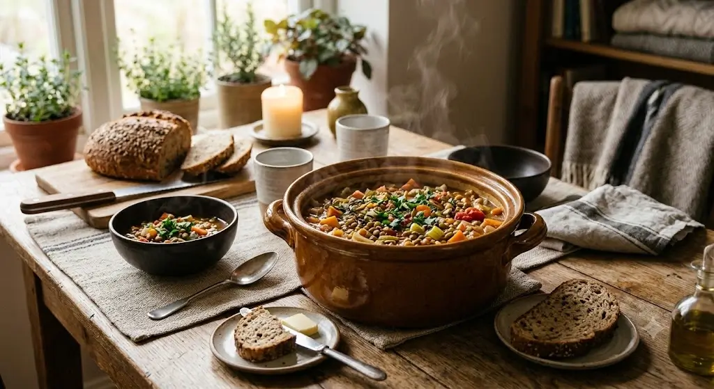 Warm ceramic pot of comforting lentil and vegetable stew with whole-grain bread on a cozy dining table