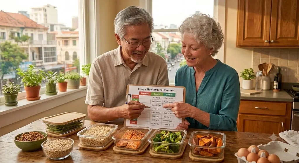 Senior couple reviewing a weekly healthy meal planner with fresh produce and glass containers on their kitchen counter