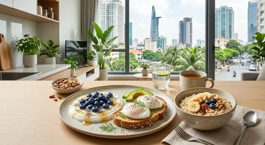 Nutritious breakfast spread for older adults featuring Greek yogurt with blueberries, poached eggs on whole grain toast, and a warm bowl of oatmeal