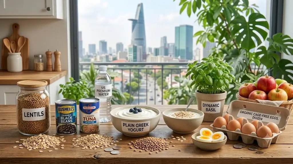 Budget-friendly healthy protein foods including canned black beans, canned tuna, fresh eggs, lentils, and plain Greek yogurt