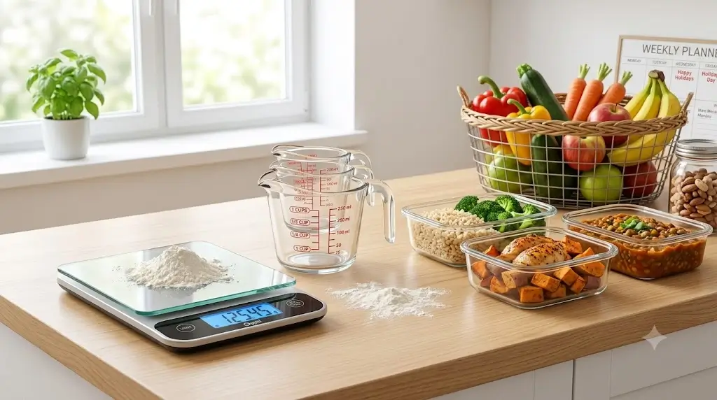 Side by side comparison of a sleek digital food scale with grams display and clear glass measuring cups on a clean wooden kitchen island