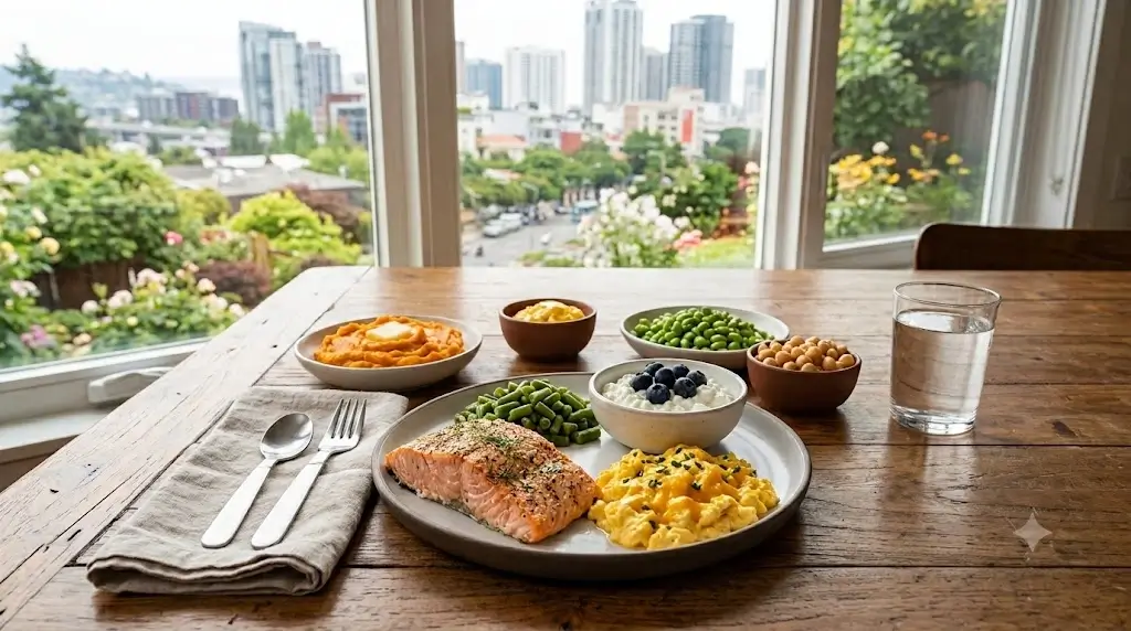 Soft easy-to-chew high protein meal for older adults featuring flaked fish, soft scrambled eggs, and cottage cheese
