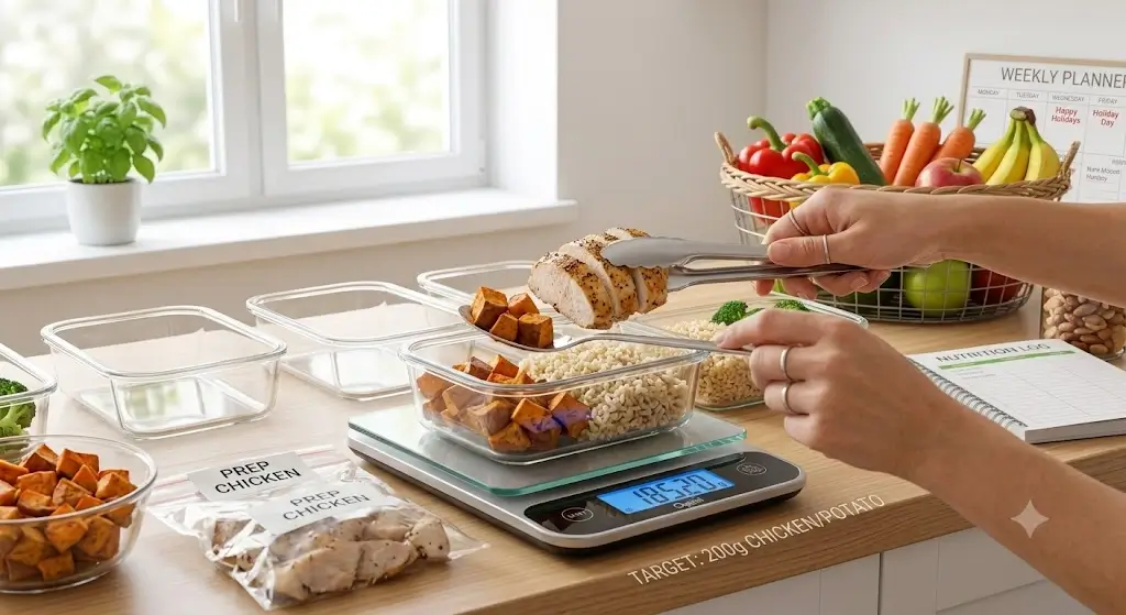 Hands portioning roasted chicken breast and sweet potato onto a digital kitchen scale into glass meal prep containers
