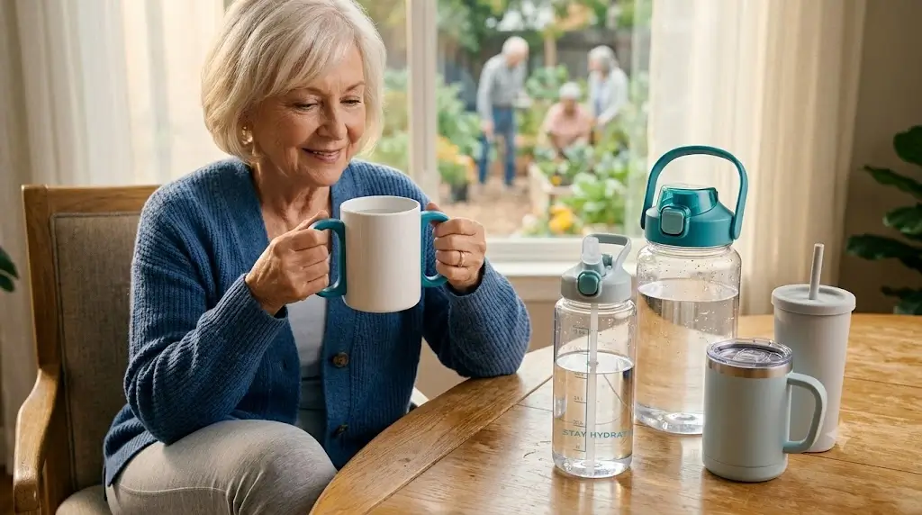 Adaptive drinking aids for seniors including lightweight two-handled mugs and easy-open water containers