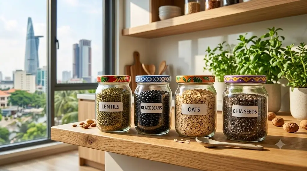 Colorful glass jars filled with dry lentils, black beans, rolled oats, and chia seeds on a kitchen shelf